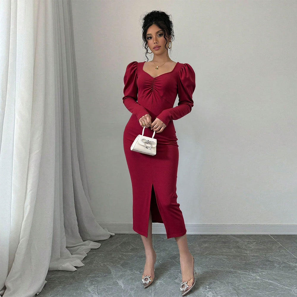 Vintage Burgundy Velvet Dress for Women Square Neck Puff Sleeves Slim Fit Side Slit Autumn Winter Evening Wear