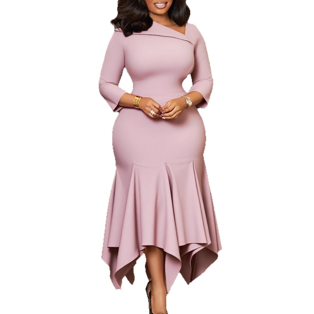 Fashionable Elegant Asymmetrical High Waist Dress with Slanted Neckline and Three Quarter Sleeves for Women, Cross Border Styl