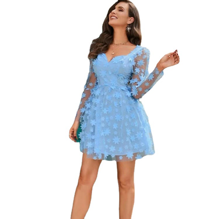 Custom Dress Summer Foreign Trade Style Chiffon Embroidery One Shoulder Strapless Long Sleeve High Waist Short Skirt