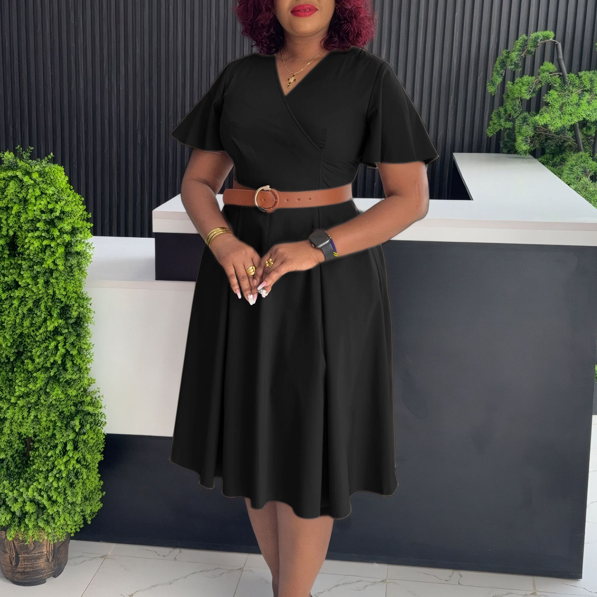 Summer New Women's V Neck Flare Sleeve Casual A Line Dress for Cross Border Fashion in Europe and America, African Style Dress