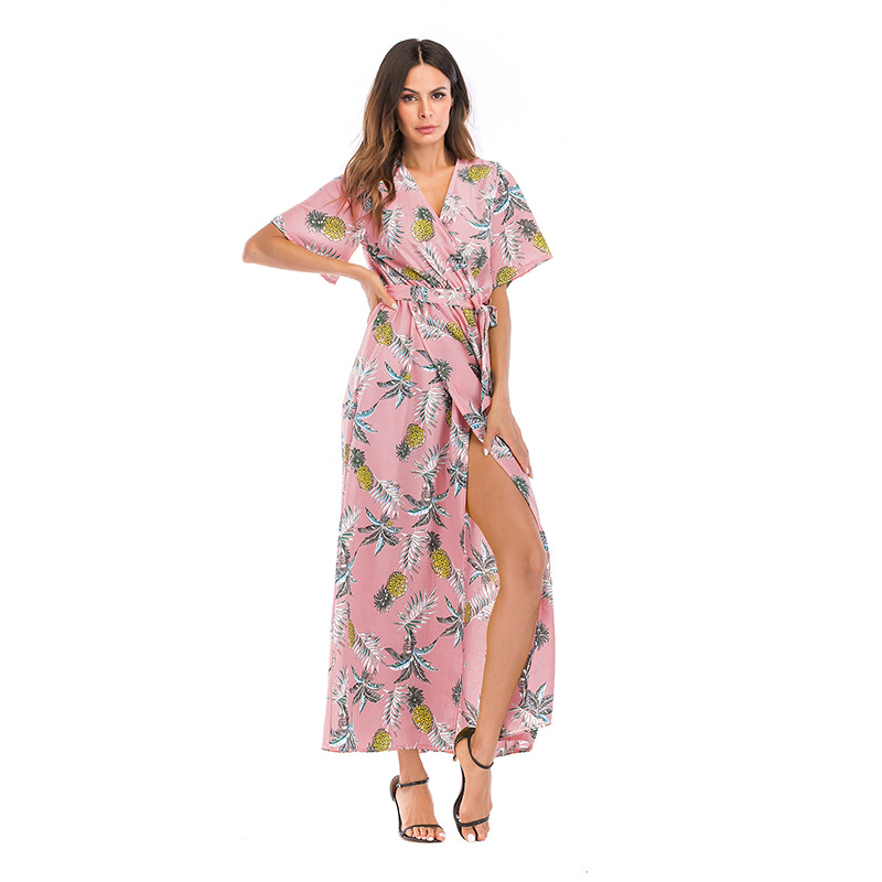 Floral Print Dress V Neck Short Sleeve Side Slit Summer Beach Vacation Wear Wholesale Available