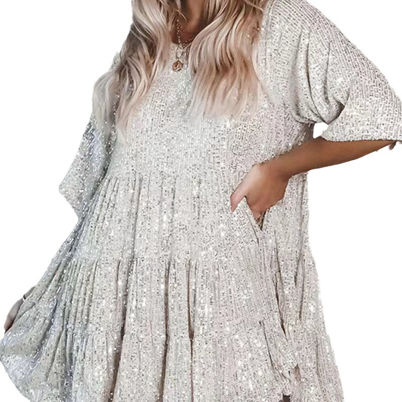 Sequin A Line Mini Dress Round Neck Short Sleeve Loose Fit Party Wear Evening Gown Wholesale Available