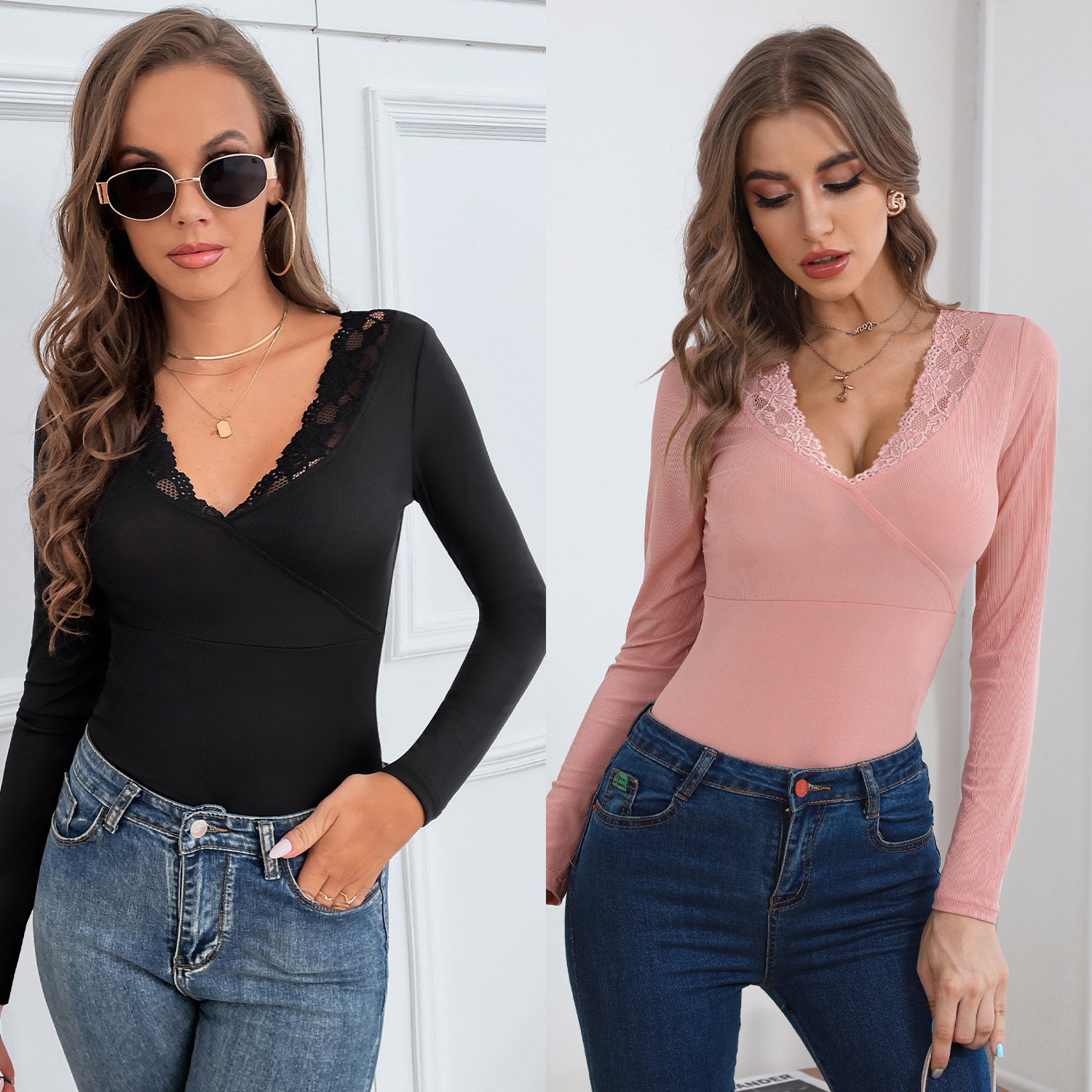 V Neck Lace Panel Long Sleeve T Shirt Slim Fit Elegant Design Autumn Fashion Wholesale Available