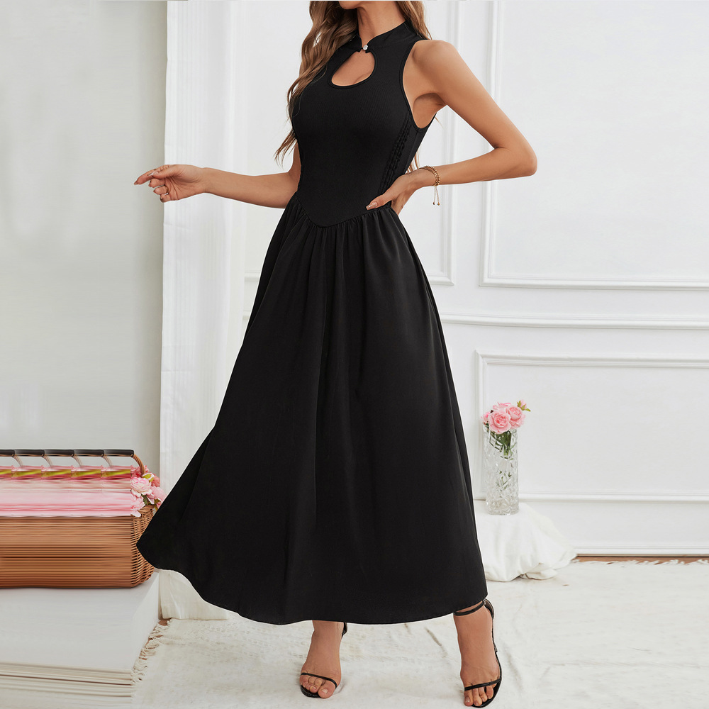 Summer New Sleeveless Half Turtleneck Chinese Style Dress with Button Closure