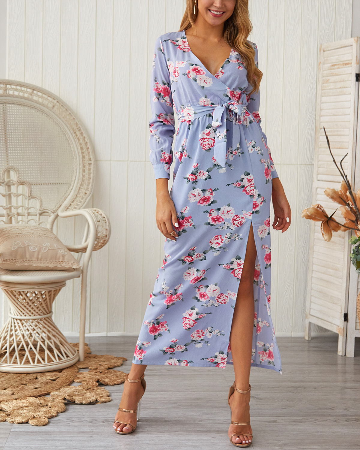 Floral Print Maxi Dress Sexy Split Design Spring Style Womens Fashion Ready to Ship Low MOQ