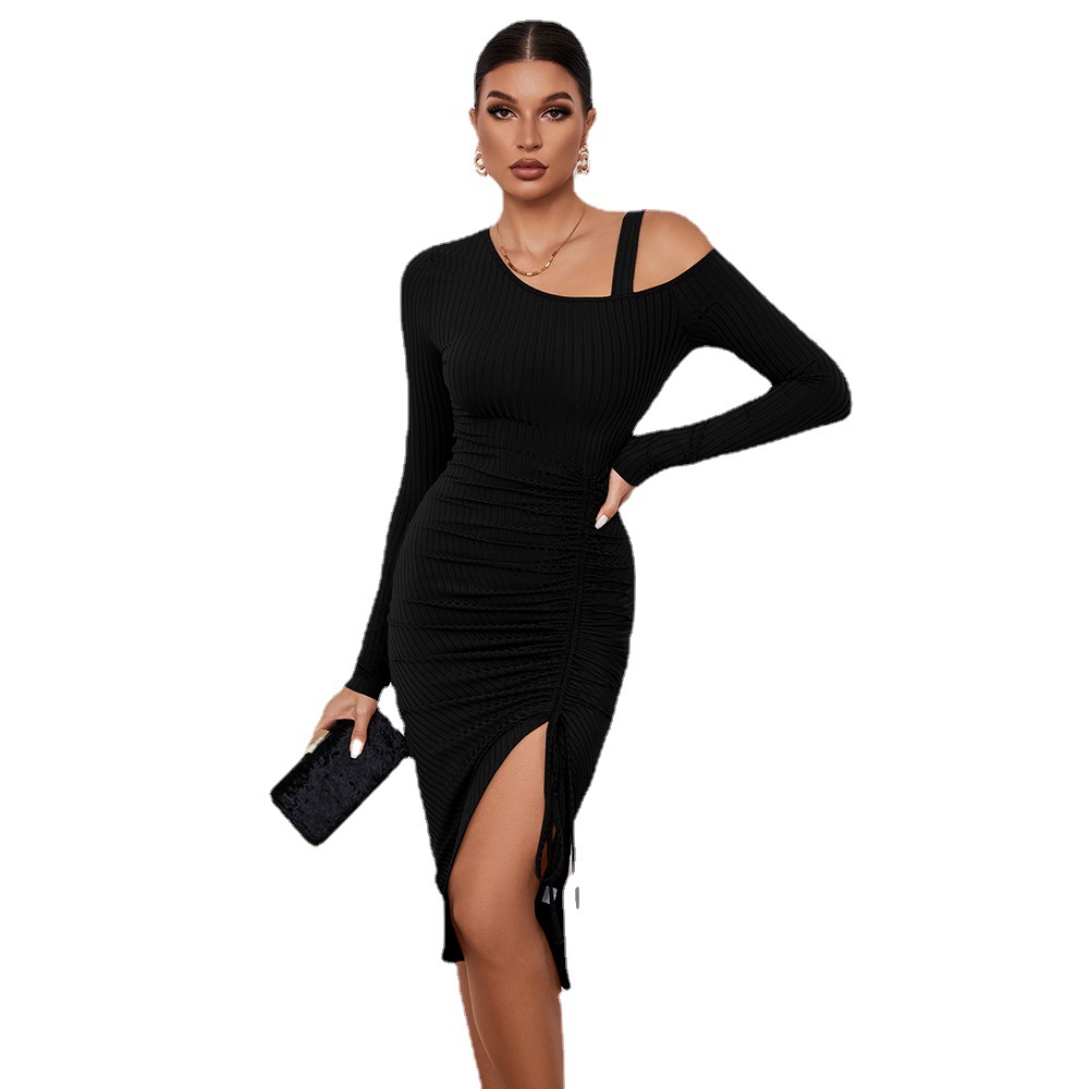 Dress with Slit and Off Shoulder Design, Autumn and Winter Bodycon Long Sleeve Dress, European and American Sexy Style
