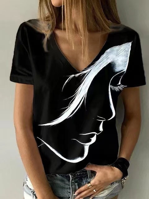 V Neck Printed Short Sleeve T Shirt for Women Casual Style Lightweight Fabric Trendy Design Wholesale Available