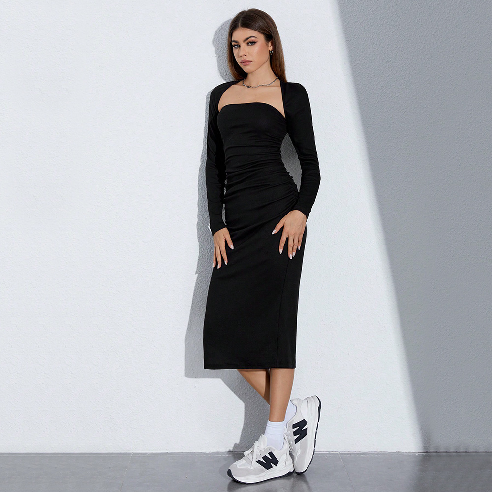 Autumn Winter Split Hem Bodycon Mid length Dress Two piece Set with Strapless Top and Long Sleeves