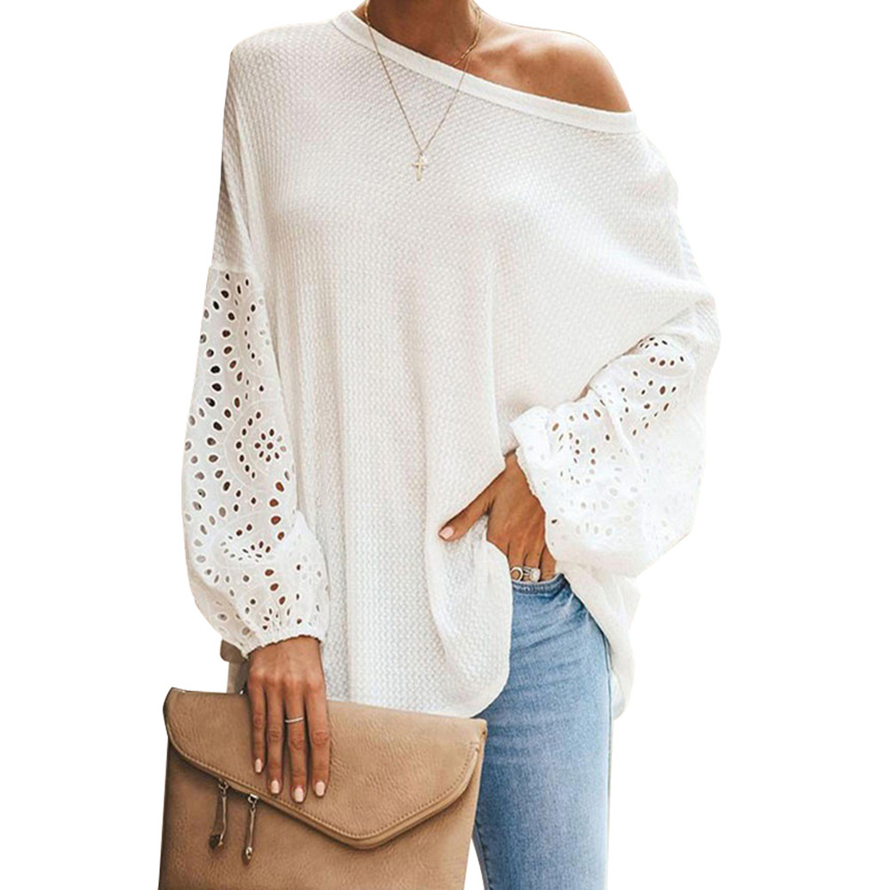 Womens Loose Fit Hollow Out Long Sleeve Top Solid Color Off Shoulder Asymmetrical Neckline Spring Summer Fashion