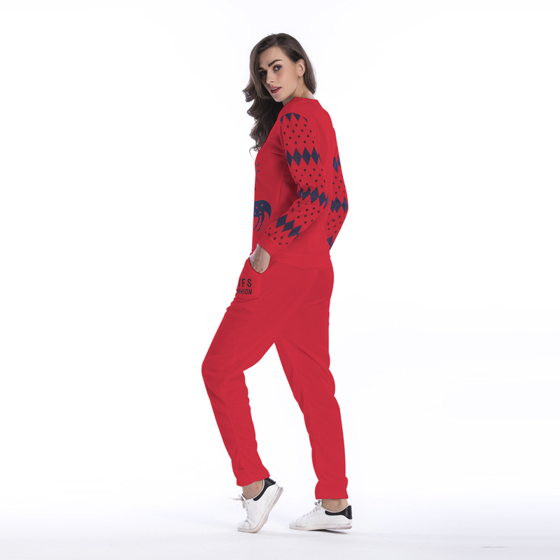 Womens Fleece Lined Sports Set Deer Print Round Neck Long Sleeve Sweatshirt Casual Pants Autumn Winter Wear