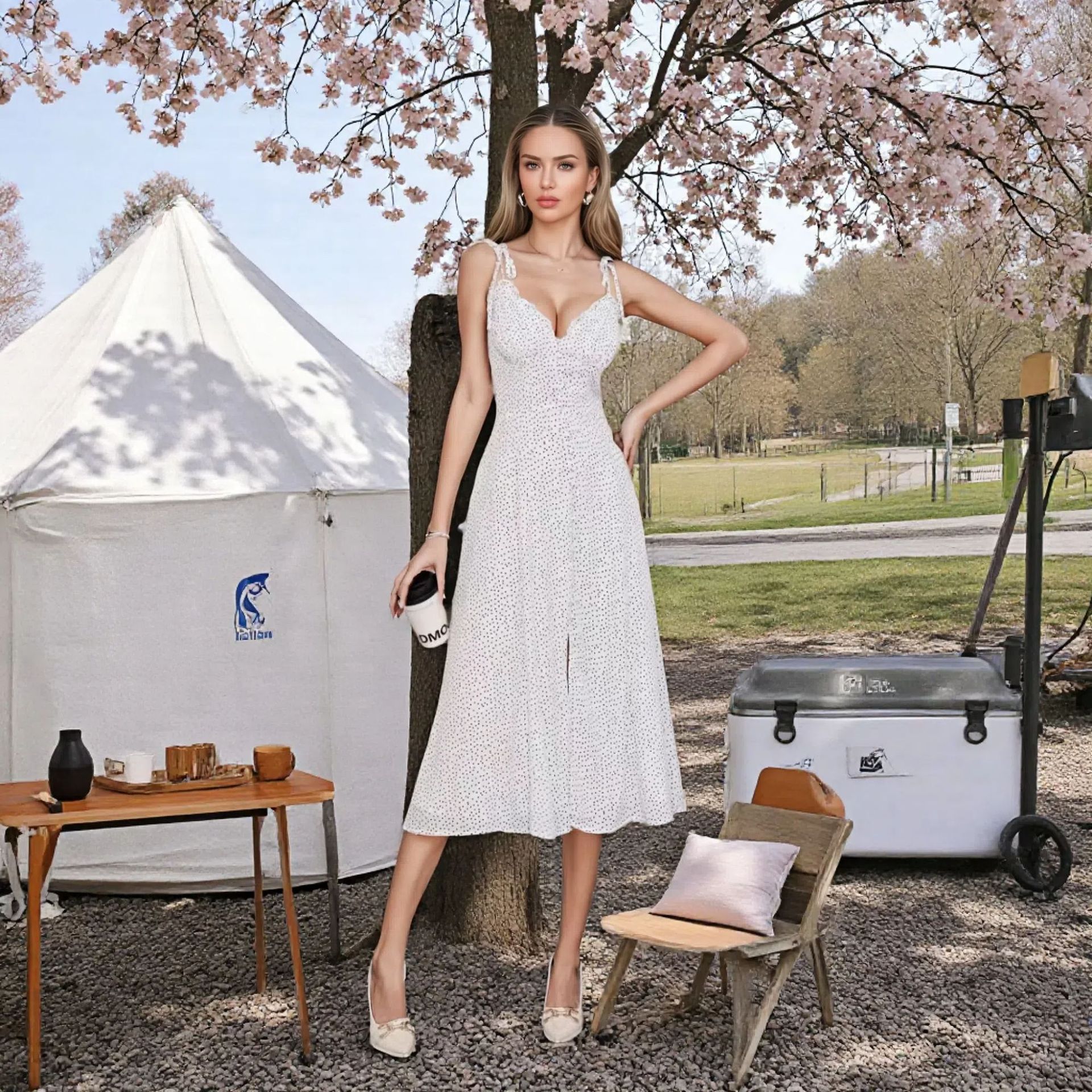 European and American Market Women's Fashion — Sexy Backless, Polka Dot, Long Dress, Spaghetti Strap — Casual Wear — Wholesale