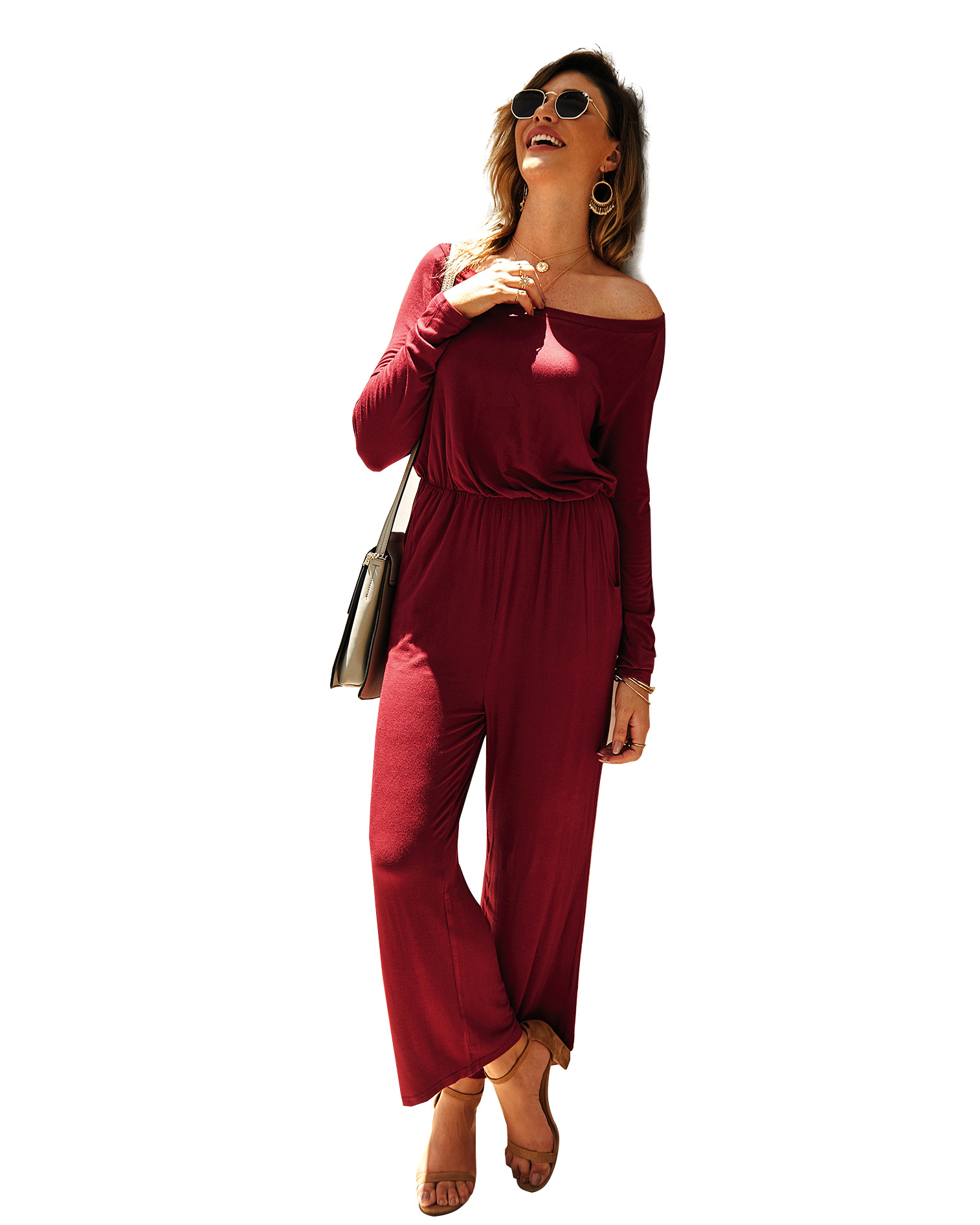 Casual Womens Jumpsuit Solid Color Asymmetrical Shoulder Comfortable Fit Early Autumn Style Wholesale Available
