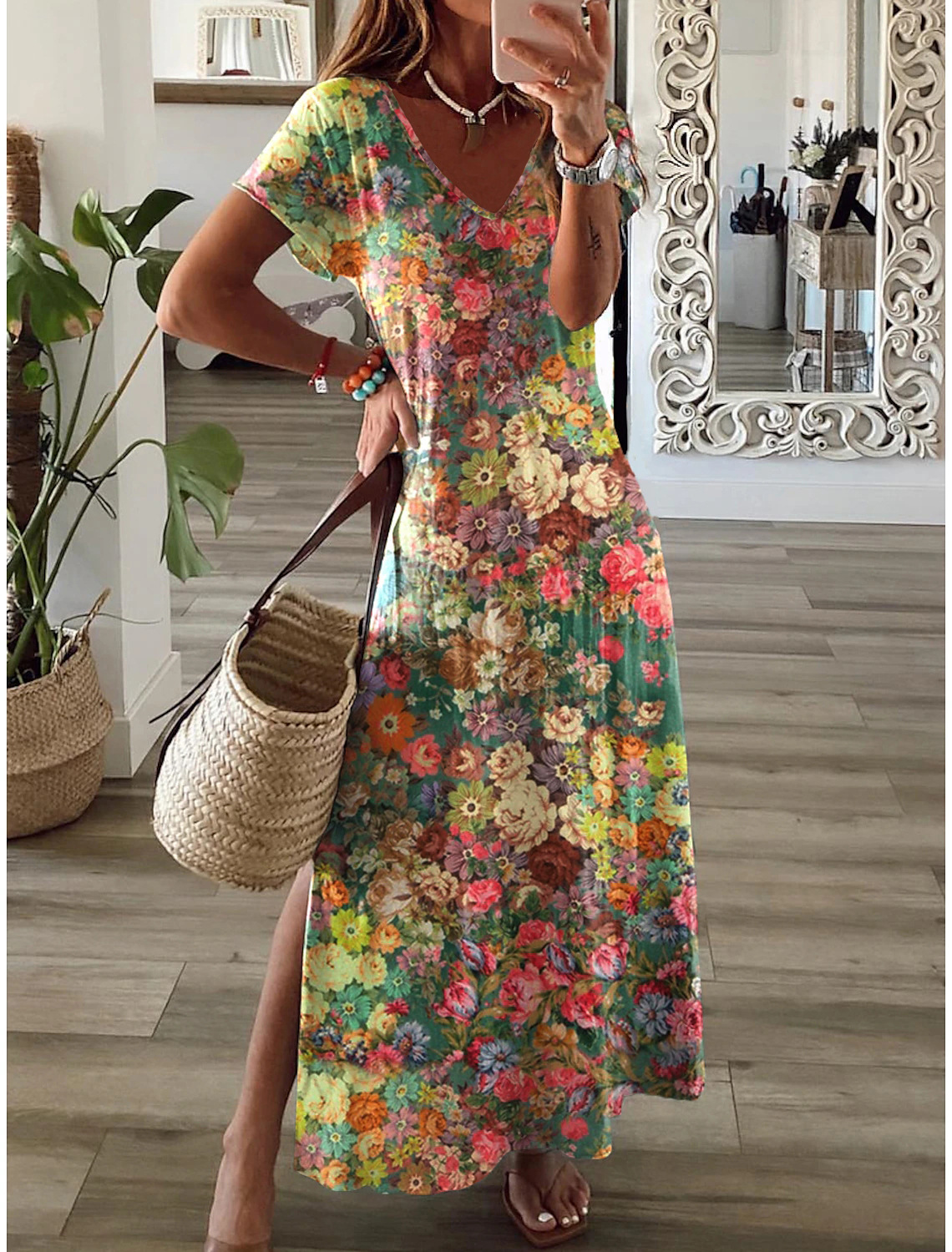 Womens Floral Casual Vacation V Neck Split Maxi Dress Lightweight Fabric Trendy Design Perfect for Summer Wholesale