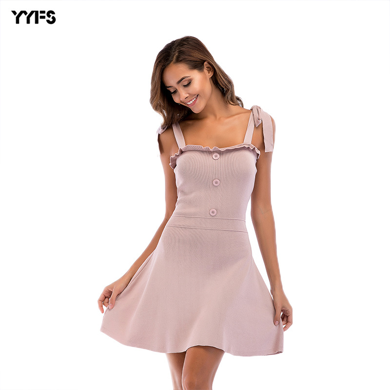 Knitted Strap Dress Adjustable Tie Sleeveless Comfortable Fabric Casual Summer Wear Wholesale Available