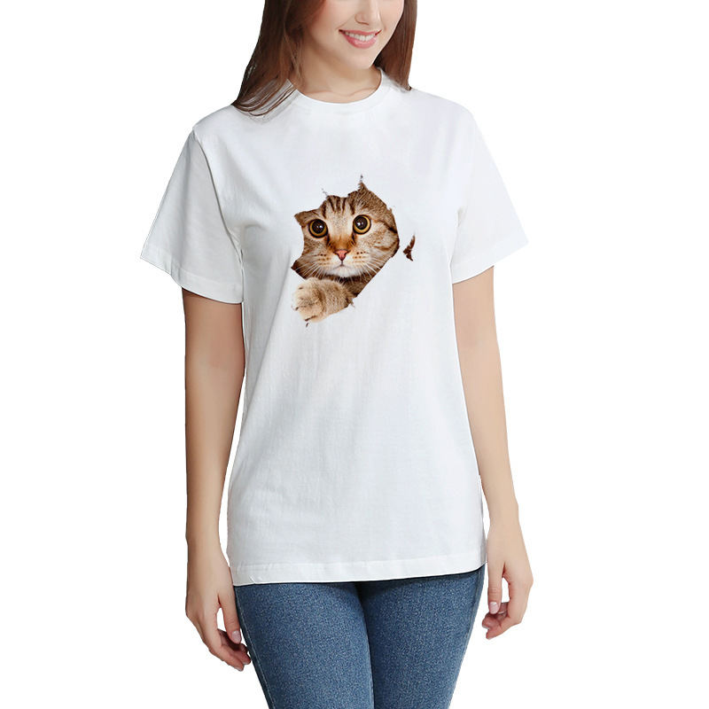 3D Printed Cat T Shirt Casual Summer Style Round Neck Short Sleeve Polyester Fabric Perfect for Couples Wholesale
