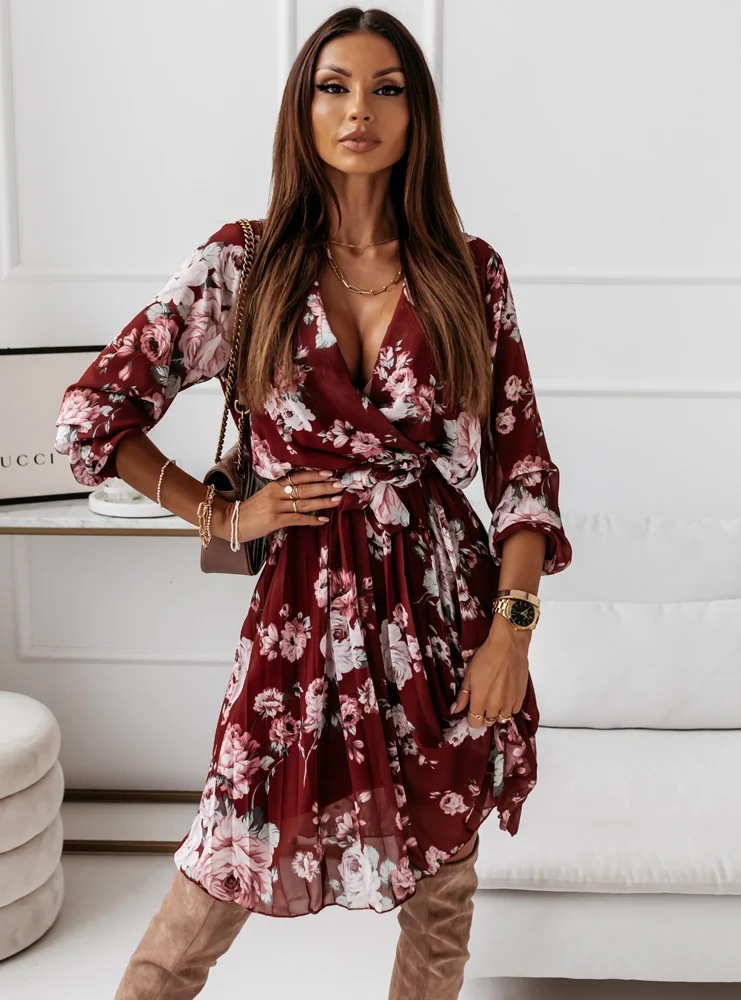 Chiffon Long Sleeve Printed Pleated Dress Elegant Design Lightweight Fabric Versatile Style Perfect for Spring and
