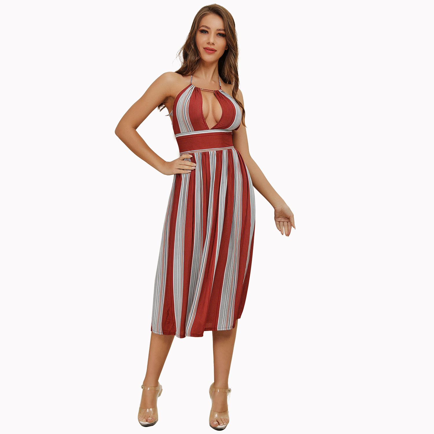 Striped Backless Halter Dress Sexy Design Comfortable Fabric Versatile Style Perfect for Summer Parties Wholesale
