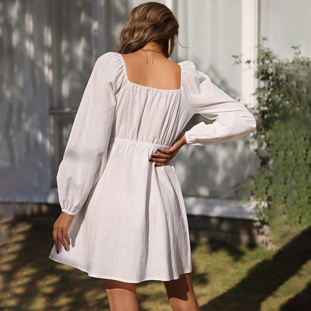 Spring and Summer Loose Casual Vacation Long Sleeve Elastic Waist Square Neck A line Dress