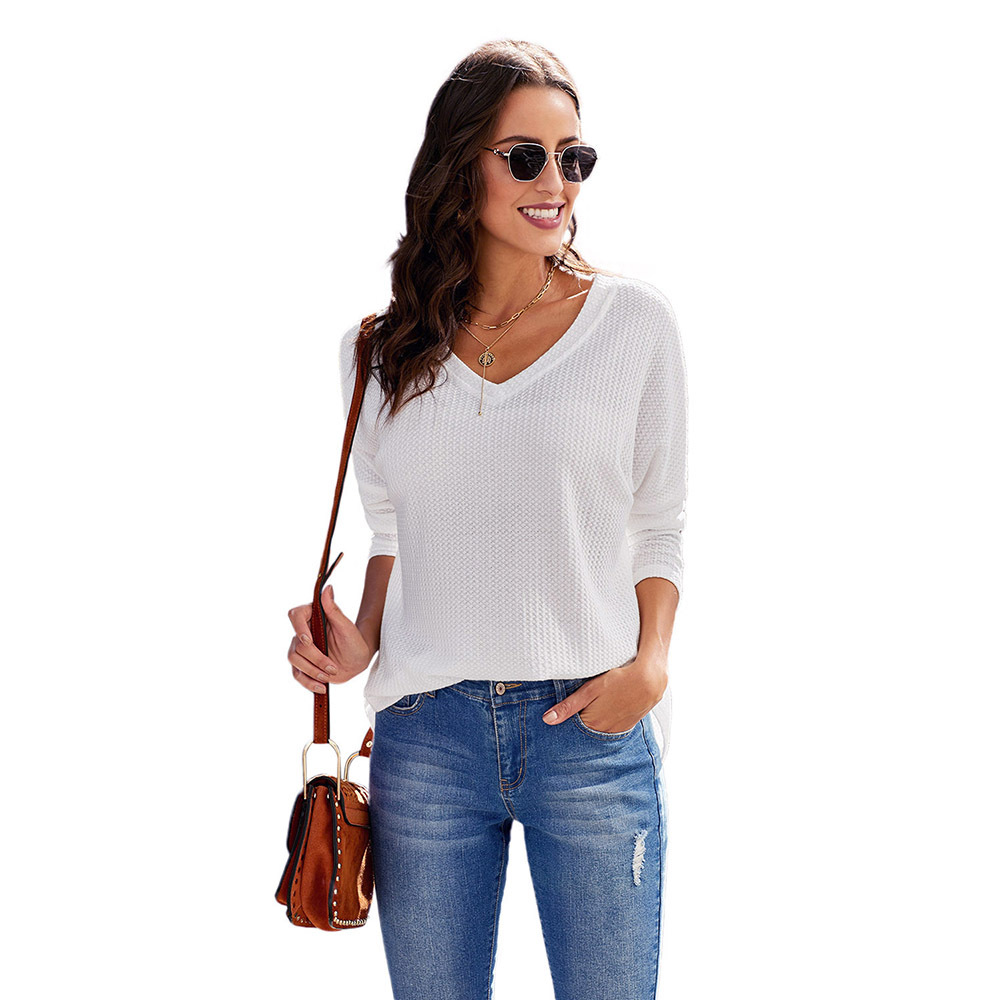 V Neck Loose Fit Long Sleeve Top Solid Color Waffle Knit Casual Style Perfect for Autumn Wholesale Available