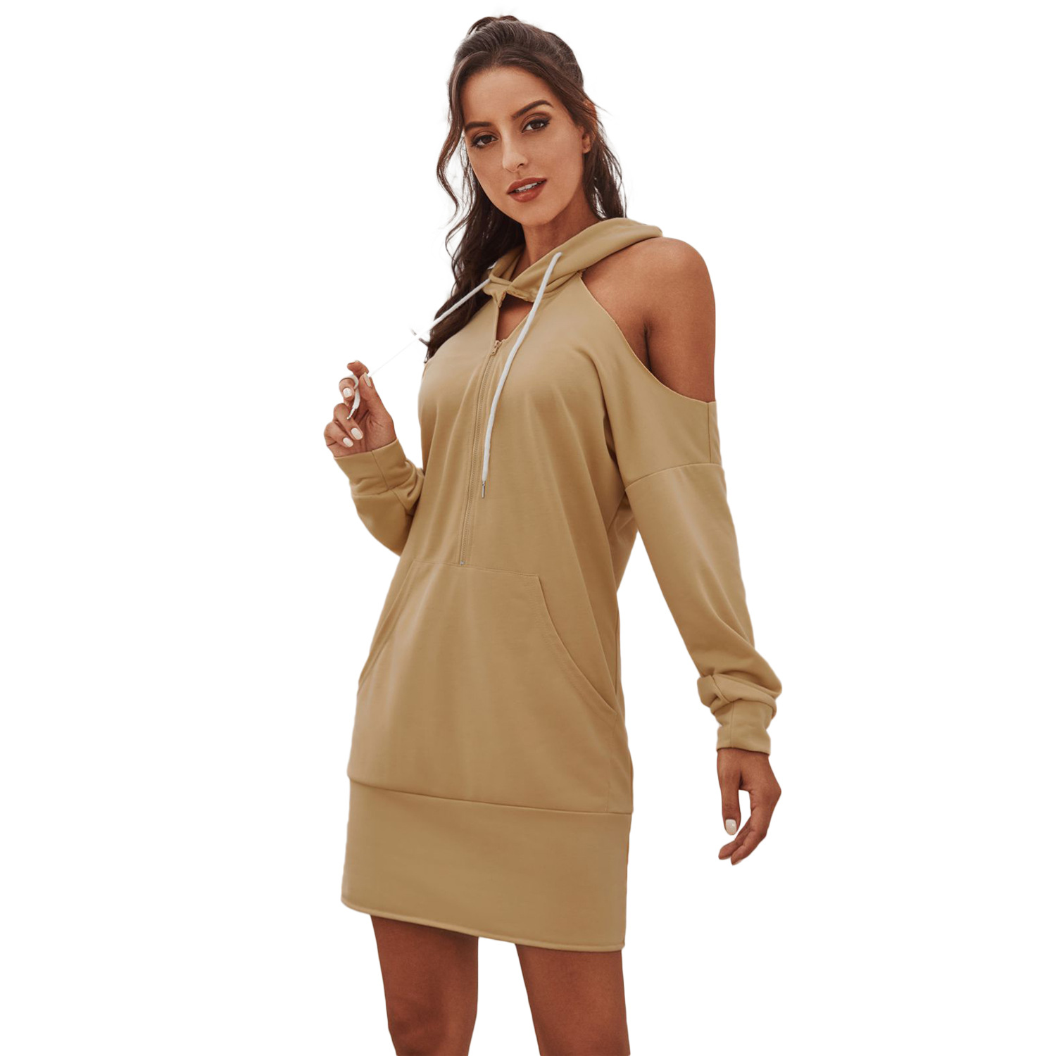 Hooded Off Shoulder Womens Sweatshirt Dress Color Block Design Long Sleeve Casual Style Perfect for Autumn and