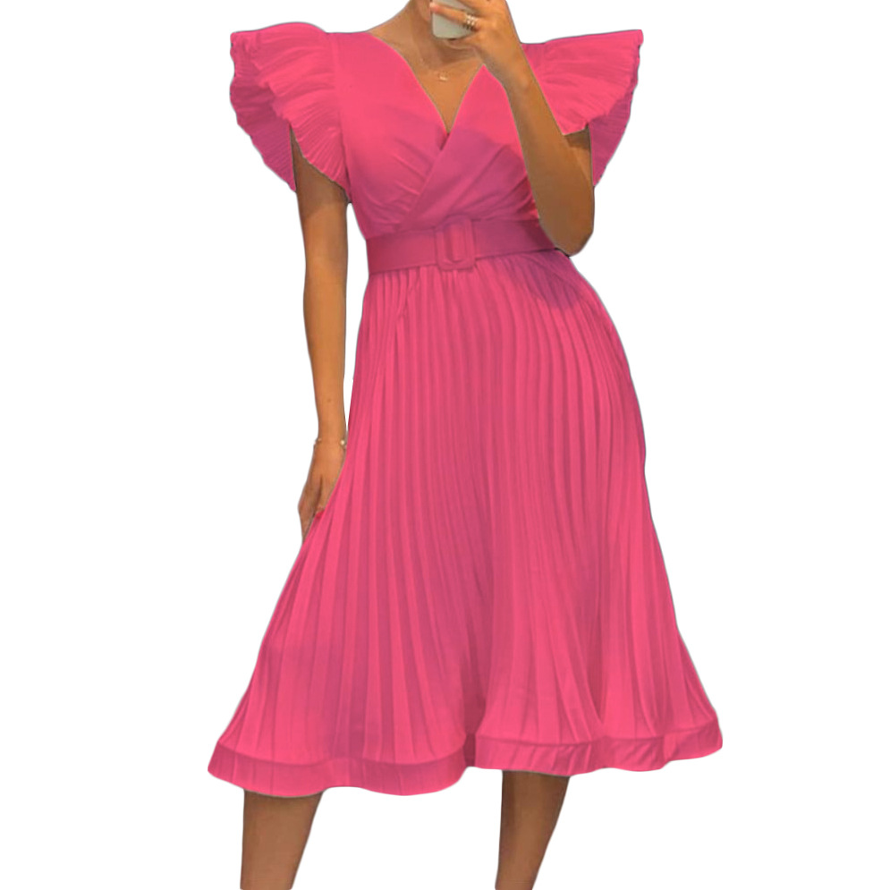 European and American Foreign Trade Women's Sexy V neck Flutter Sleeve Pleated Cross border Dress with Belt