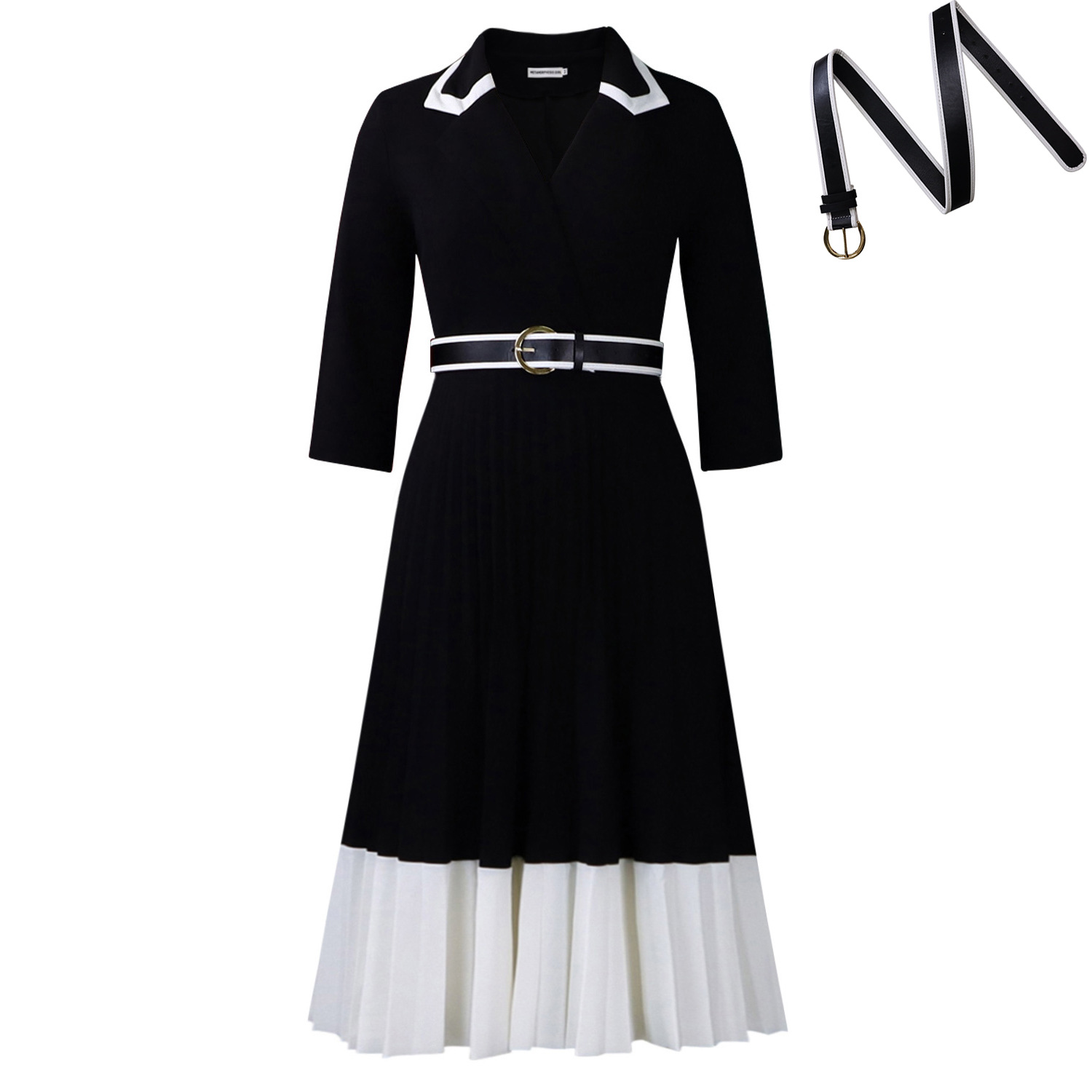 Autumn Winter Women's Solid Color Long Sleeve Color Block Pleated A Line Dress, Fashionable Casual Dress for Cross Border Trad