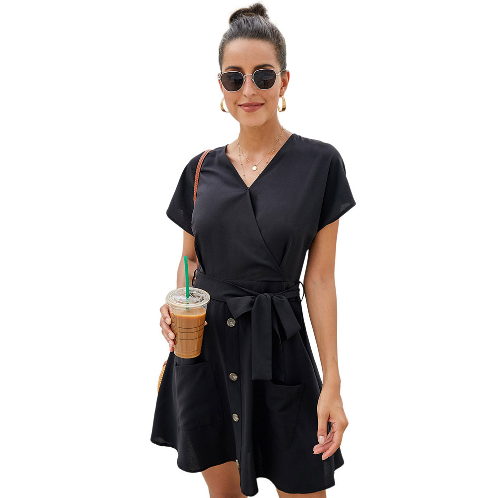 Loose Knee Length Dress for Women Summer Collection Deep V Neck Short Sleeve Button Closure Casual Wear Wholesale