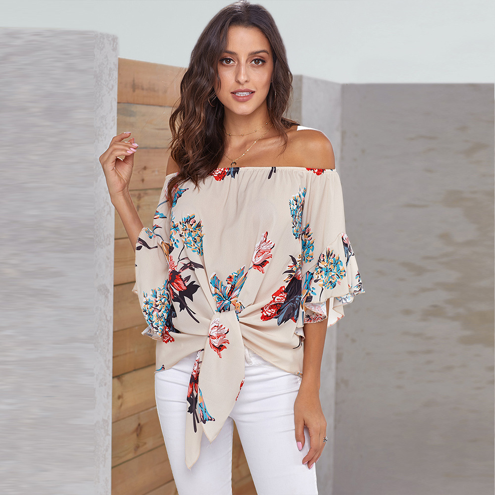 Off the Shoulder Crop Top Floral Print 3 4 Sleeve Casual Style Spring Fashion Wholesale Available