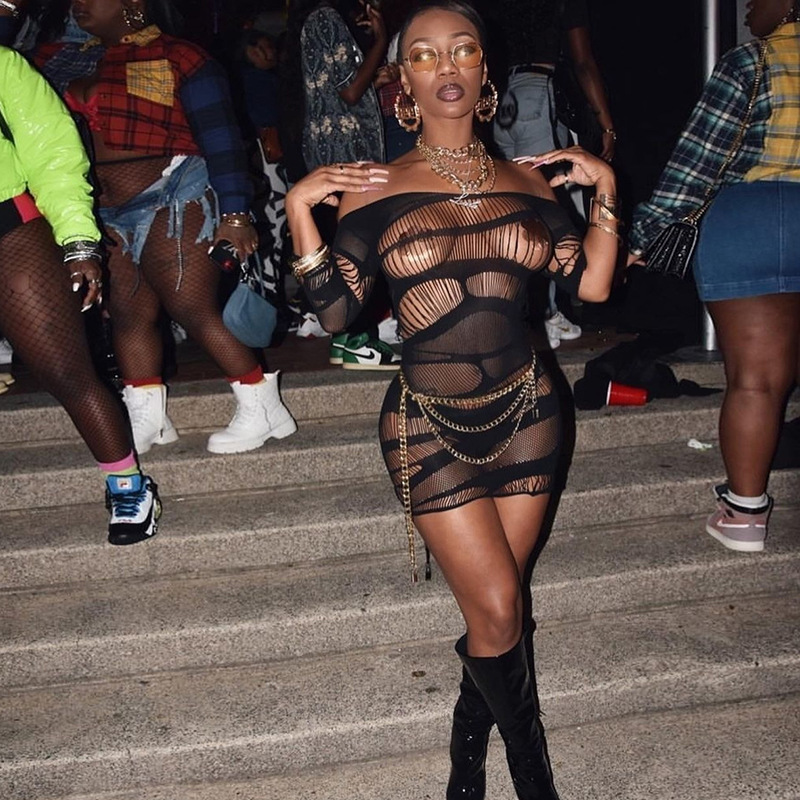 European and American Women's Fashion Spring and Summer Nightclub One Shoulder Long Sleeve Mesh Dress