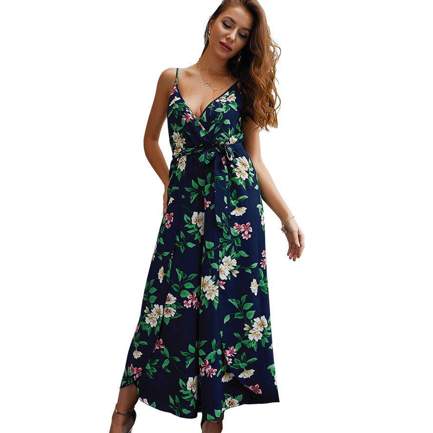 V Neck Floral Print Jumpsuit Summer Style Sleeveless Split Design Perfect for Casual Outings OEM Available