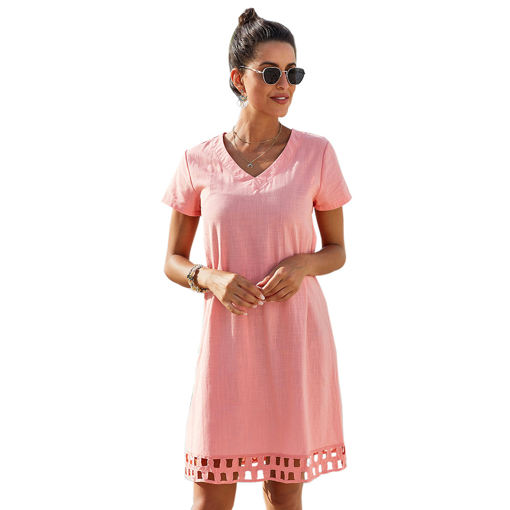 A Line Dress Solid Color V Neck Short Sleeve Hollow Out Design Casual Summer Wear Wholesale Available