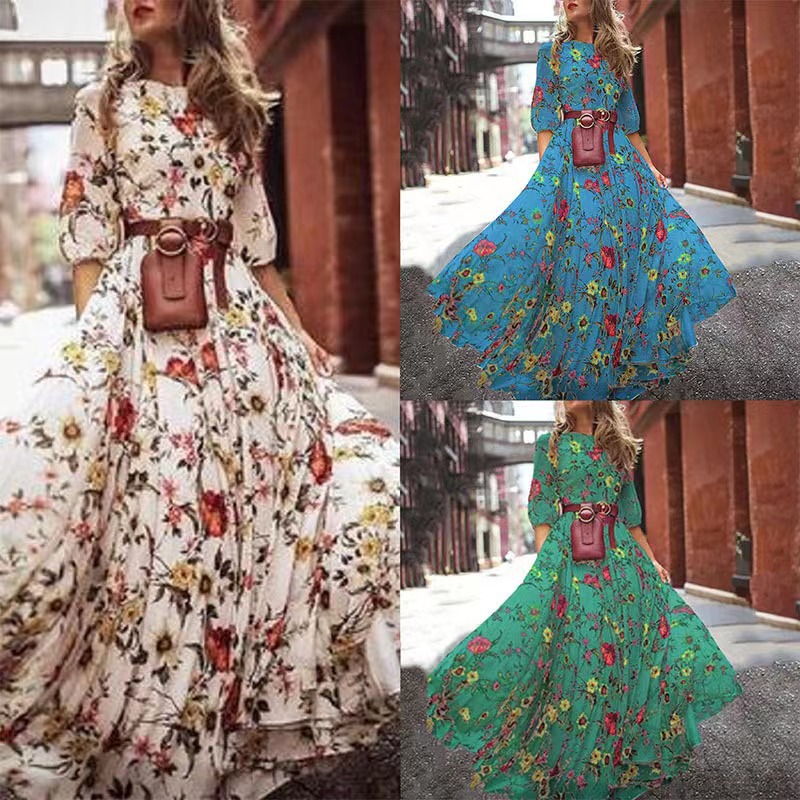 Printed Long Dress European and American Foreign Trade French Commuter Style Vintage Flared Round Neck Floral Dress