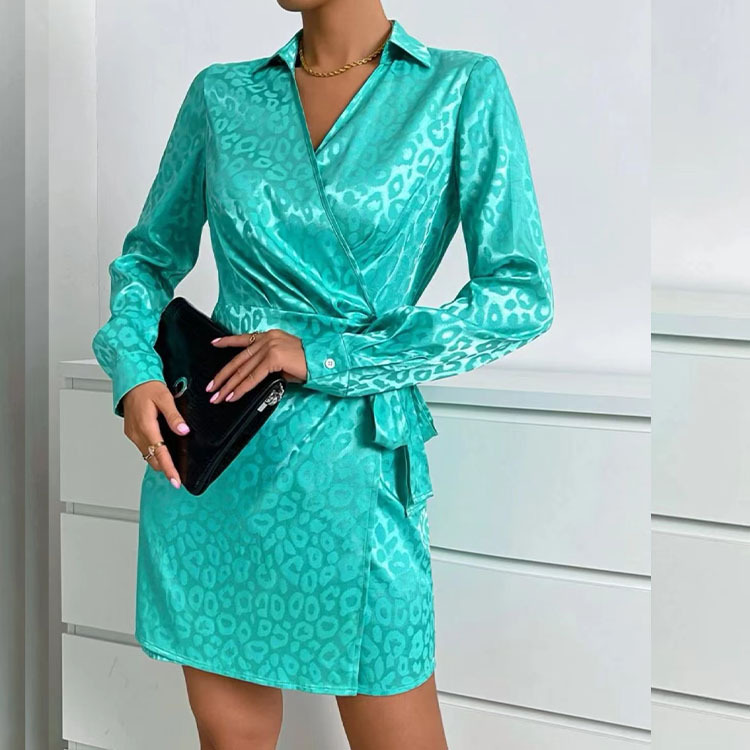 Elegant Leopard Print Blazer Collar Long Sleeve Mid Waist Tie Short Dress for Spring