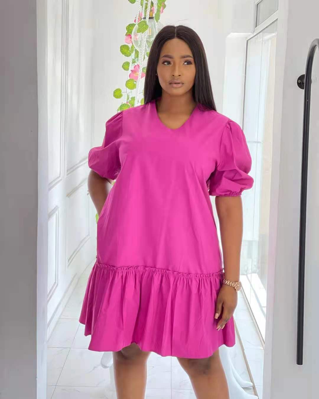 Summer Womens Dress Solid Color V Neck Ruffle Short Sleeves Casual Wear for Parties or Outings Wholesale Available