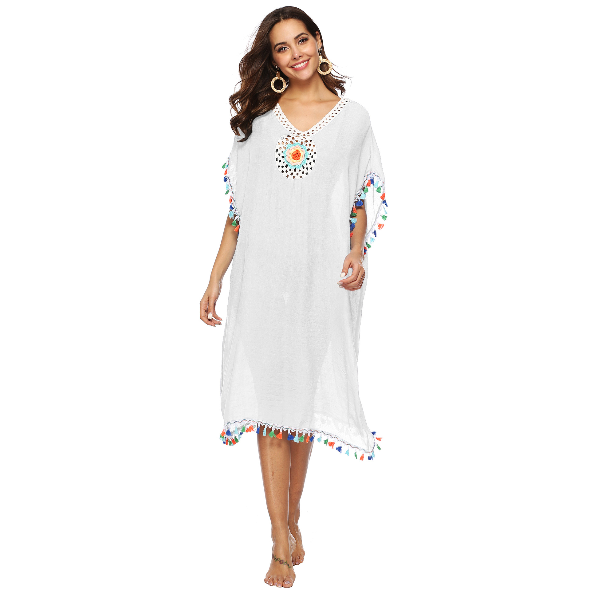 Colorful Tassel Beach Cover Up Dress Hand Crocheted Floral Patchwork Loose Fit Deep V Neck Wholesale Available