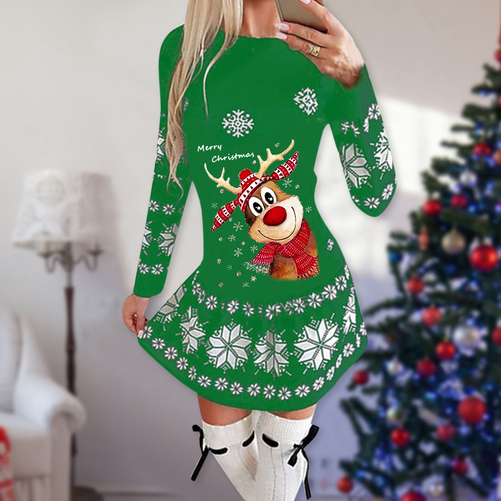 Womens Long Sleeve Printed Dress Round Neck Autumn Winter Style Christmas Theme Wholesale Availability
