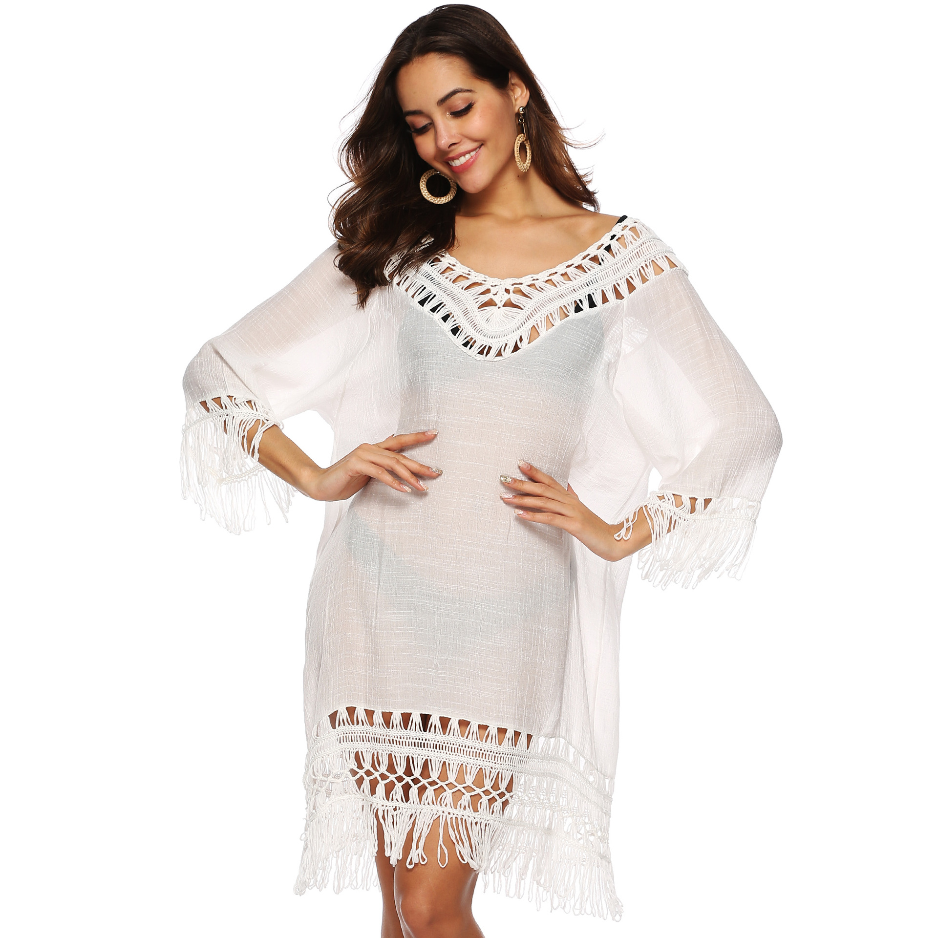 Deep V Hollow Out 3 4 Sleeve Fringe Patchwork Irregular Beach Cover Up Dress Lightweight Stylish Summer Essential