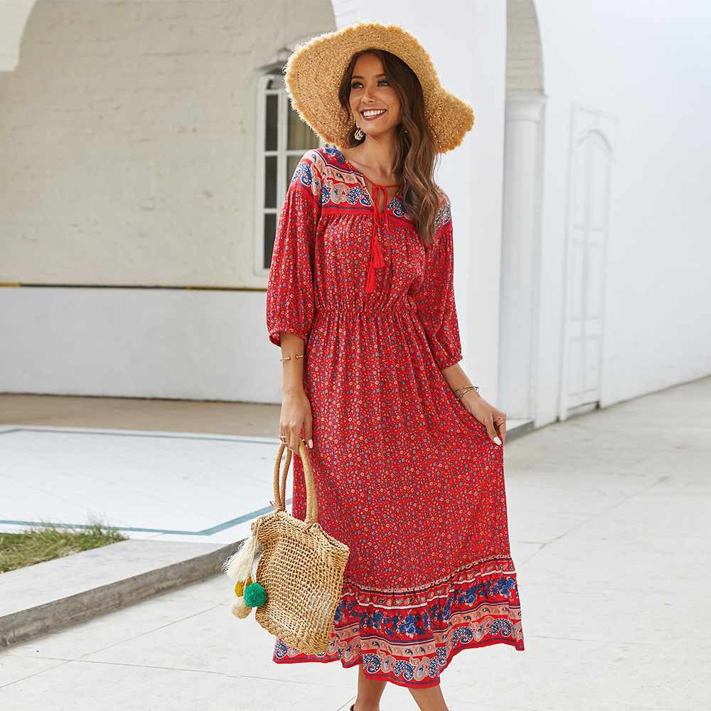 Bohemian Floral Print Dress Original Design Lightweight Fabric Summer Style Perfect for Casual Outings Wholesale
