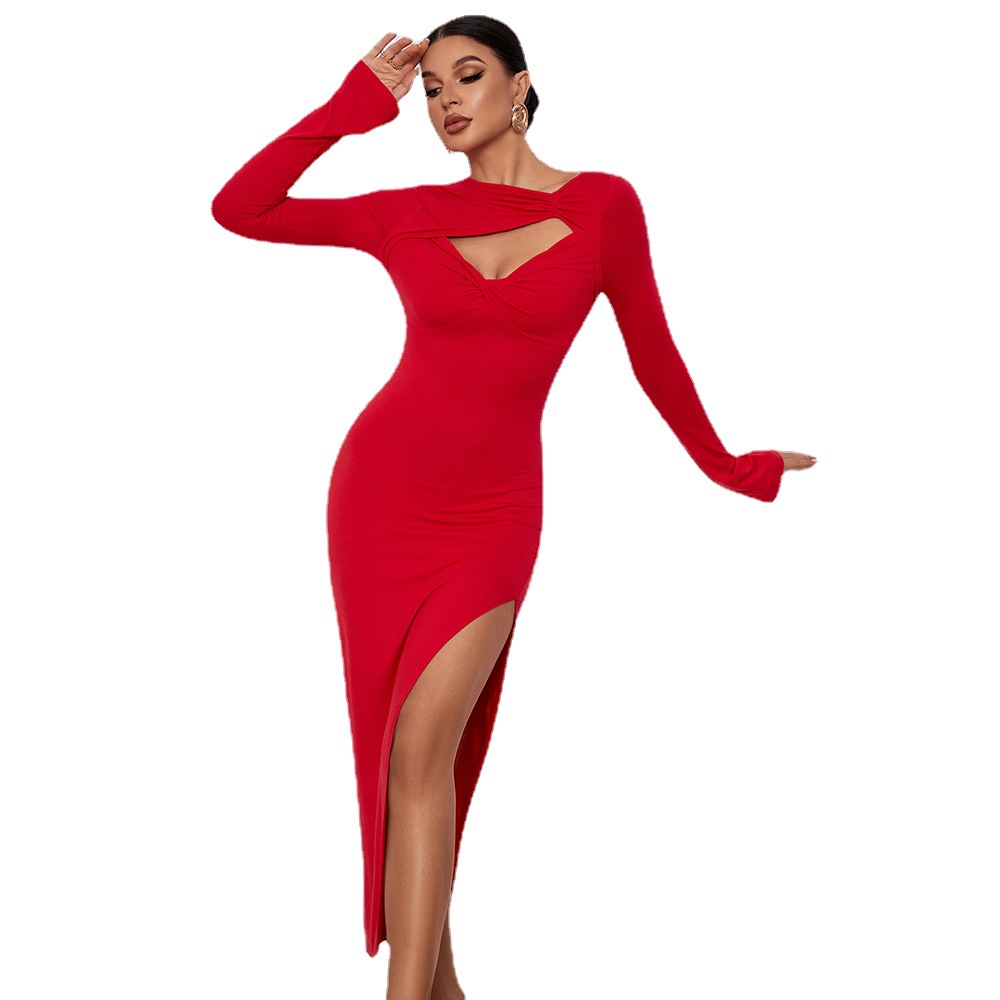 Popular Women's Long Slim Fit Bodycon Dress with Side Slit and Long Sleeves