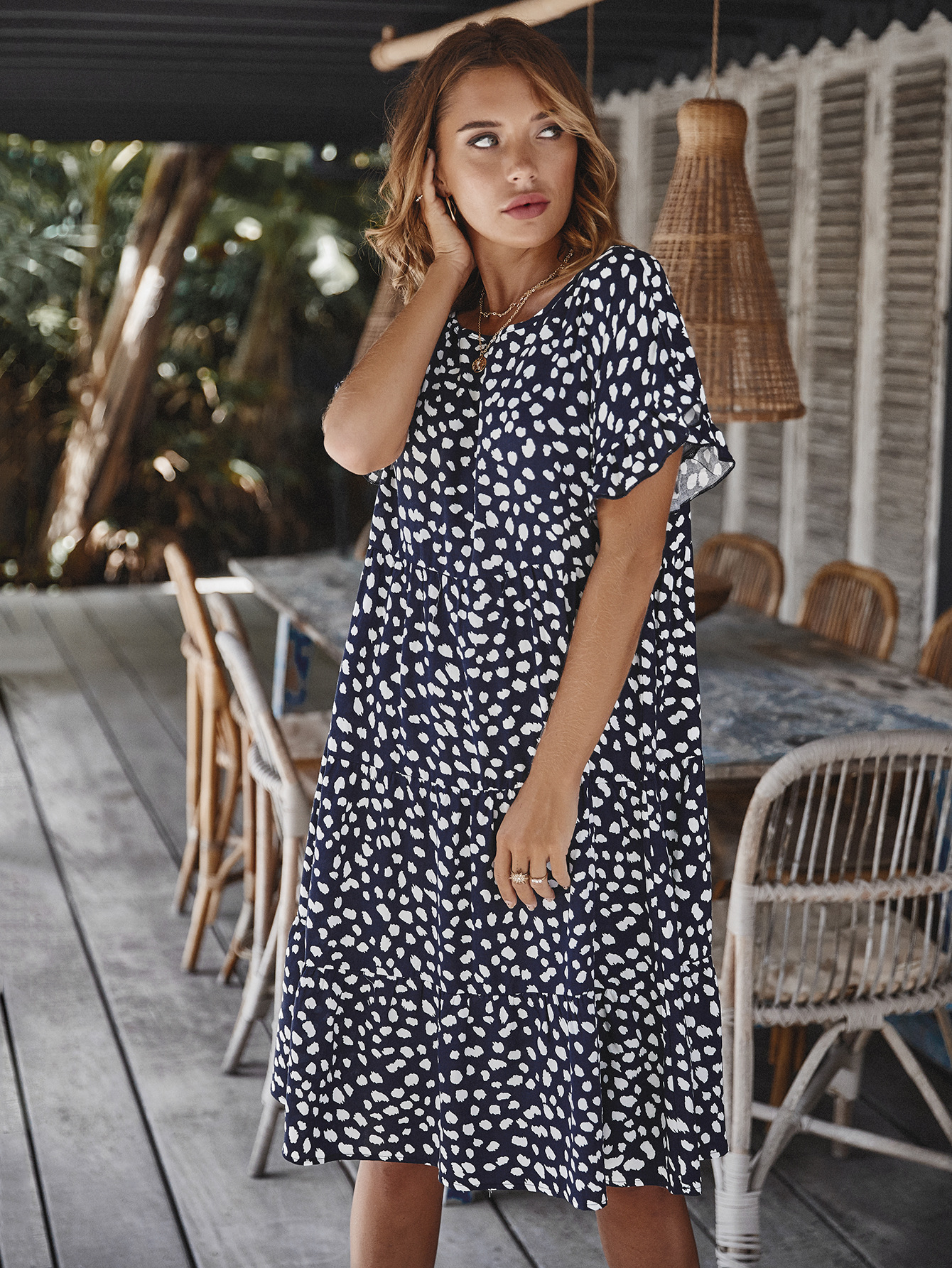 Designer Spring Dress Ruffle Sleeve Polka Dot Elegant Fit Perfect for Casual Outings Wholesale Available