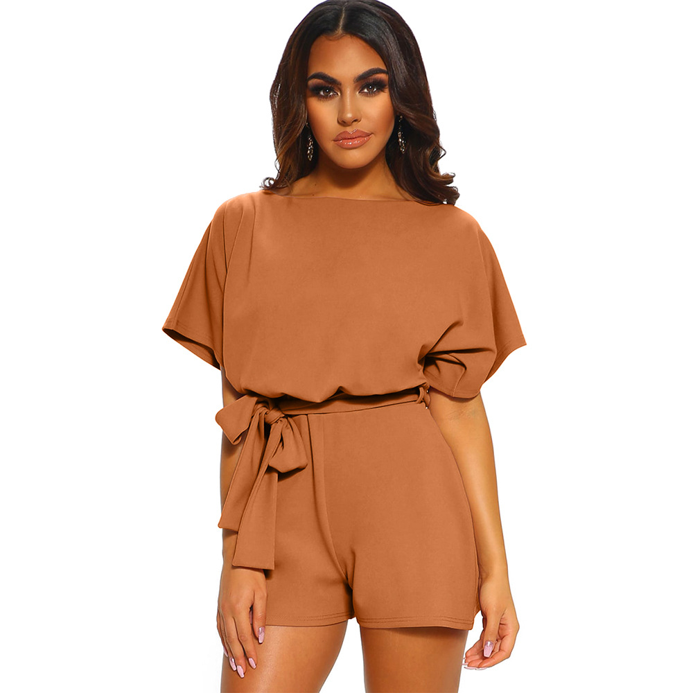 Womens High Waisted Solid Color Sports Shorts Short Sleeve Round Neck Drawstring Design Casual Wear for Summer OEM