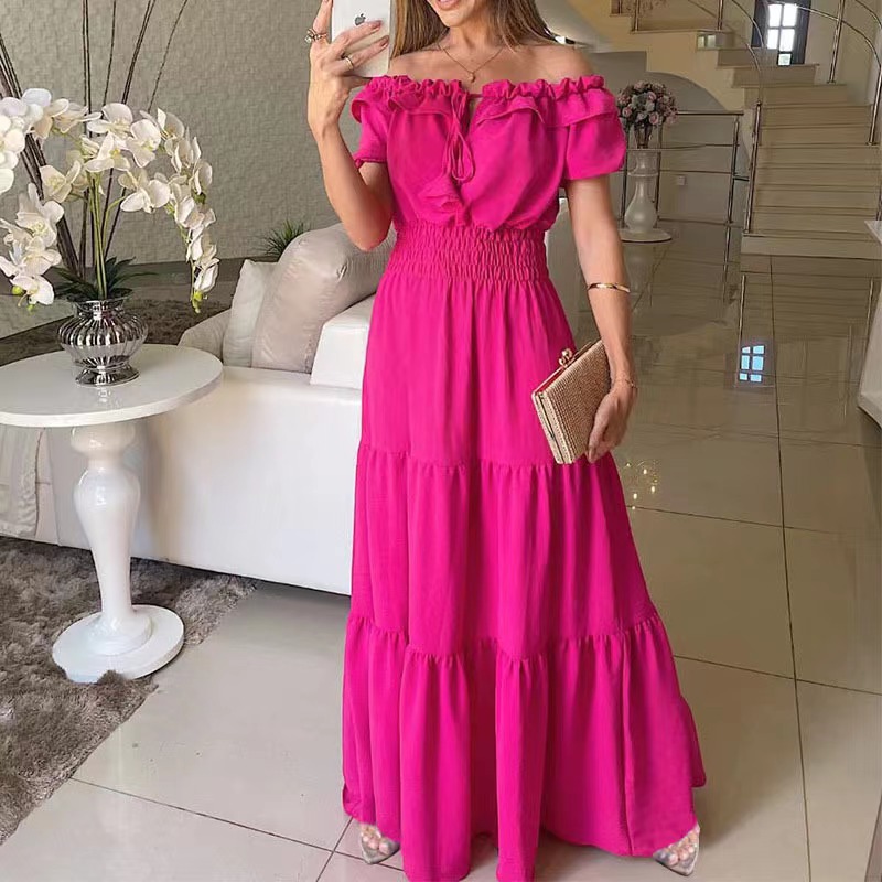 European and American Market Fashionable Solid Color Strapless Ruffled Sleeve Maxi Dress — Elegant, Trendy, Comfortable — Casu