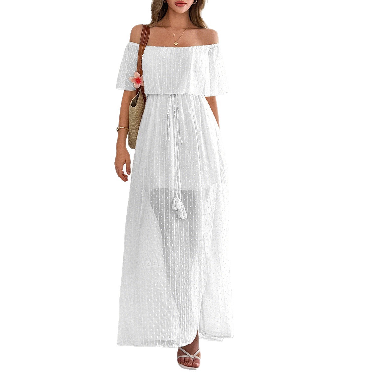Elegant Strapless Waist Defined Short Sleeve Long Dress for Women Summer