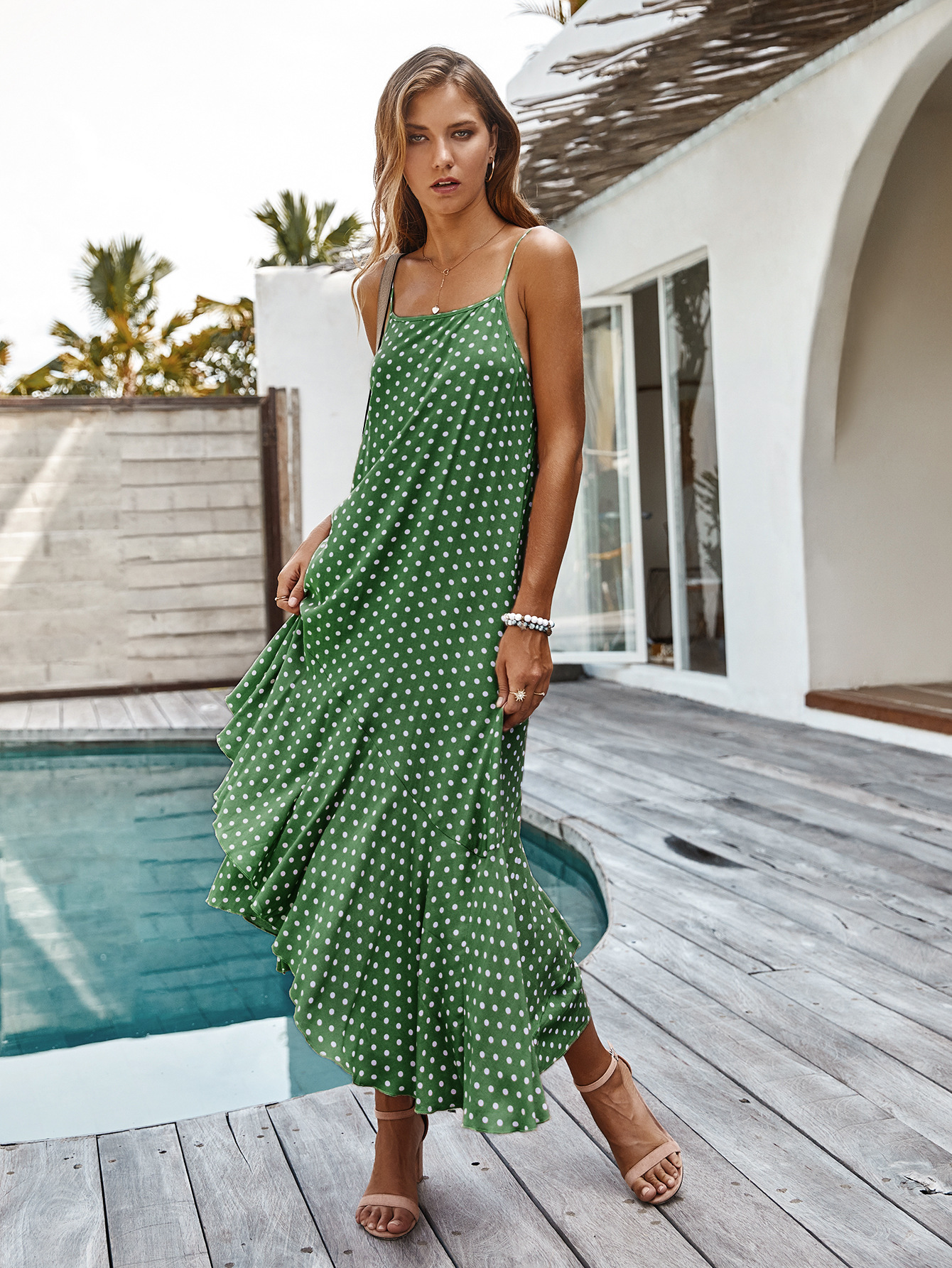 Bohemian Ruffle Hem Polka Dot Dress Original Design Spring Fashion Sleeveless Lightweight Fabric Perfect for