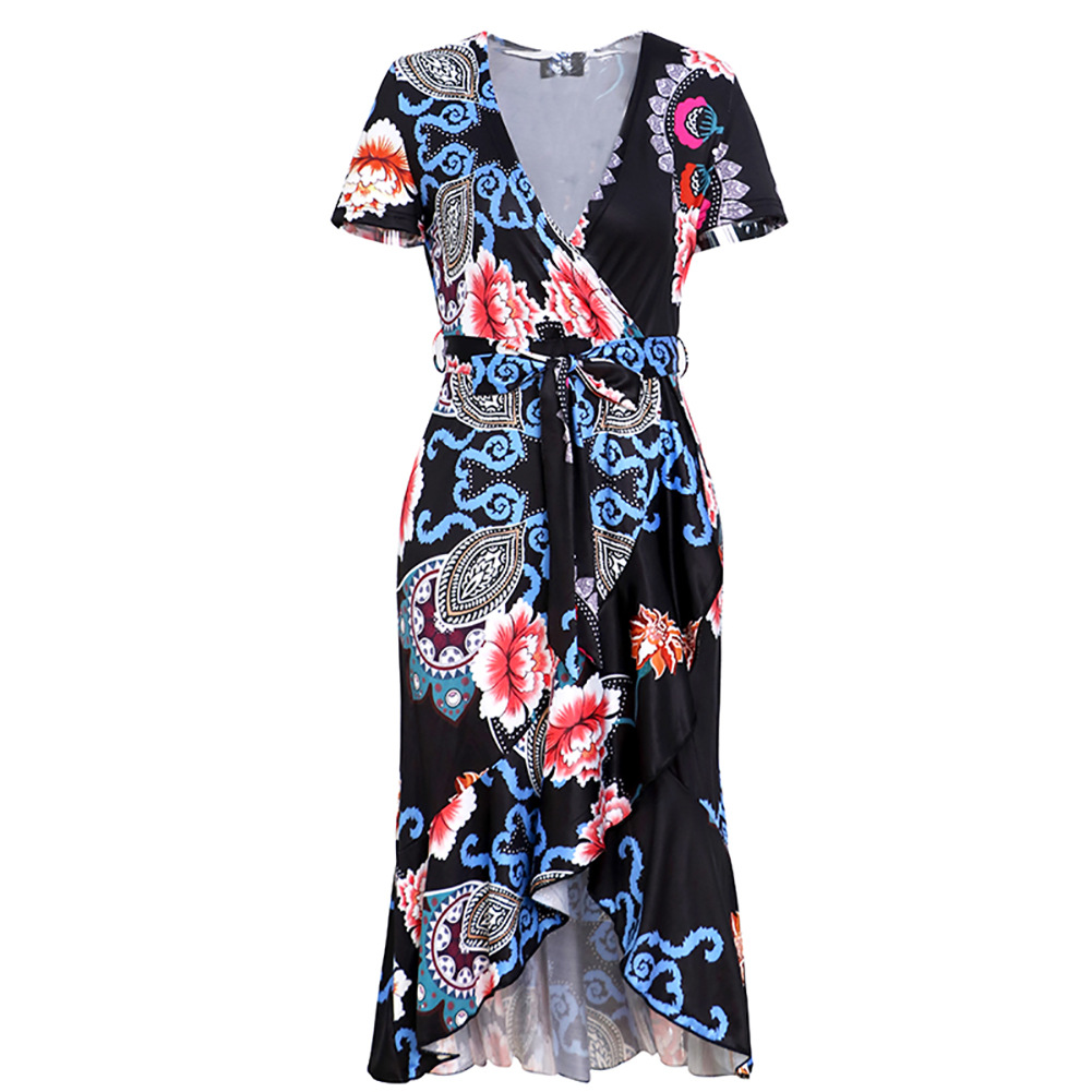 Womens Midi Dress Short Sleeve High Waist V Neck Ruffle Hem Spring Summer Fashion Wholesale Available