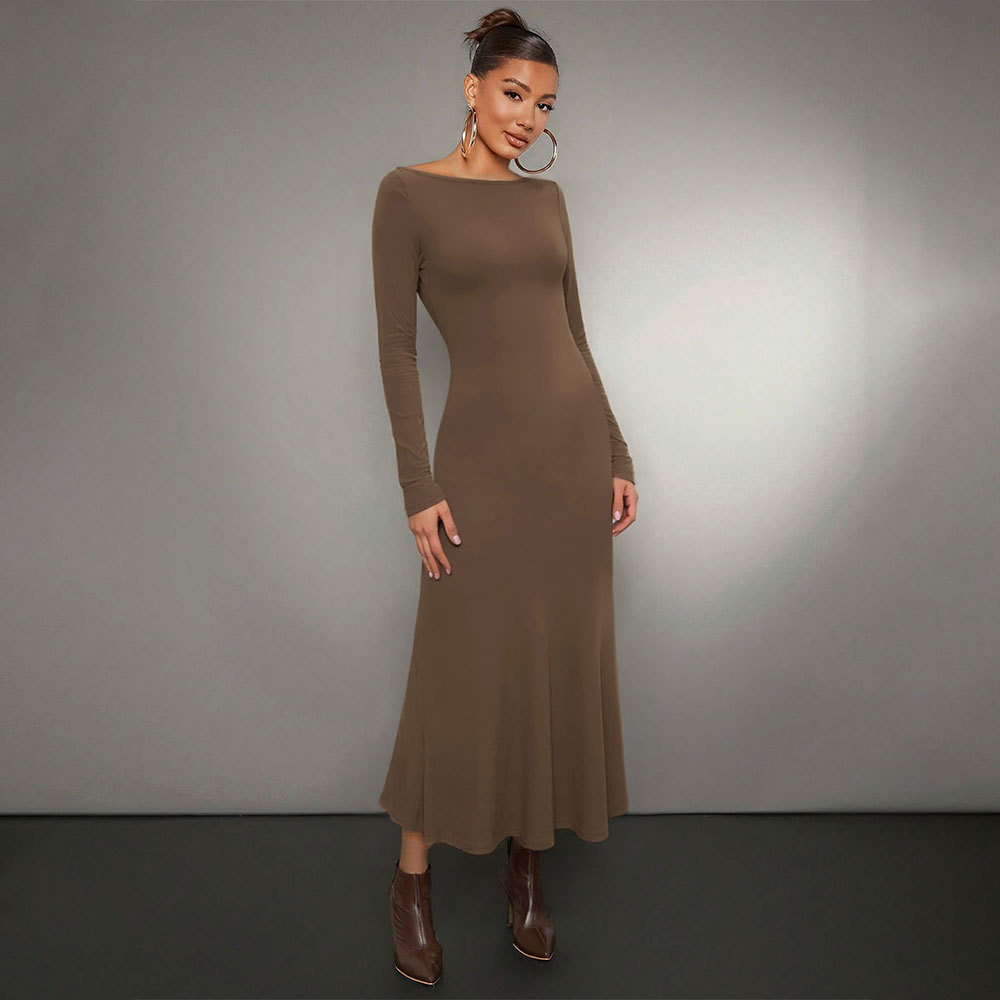 Solid Color Long Sleeve Dress Tight Fishtail Dress Off Shoulder Slim Fit Midi Dress