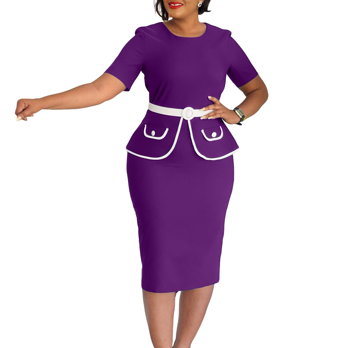 Elegant Plus Size Women's Bodycon Dress with Short Sleeves, Stretchy Fabric, Fashionable OL Style for African and European Mar