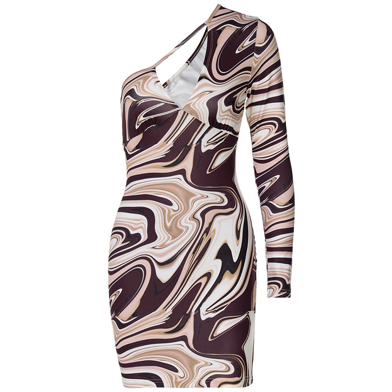 Summer Womens One Shoulder Long Sleeve Bodycon Dress Water Wave Print Trendy Design Perfect for Parties Wholesale