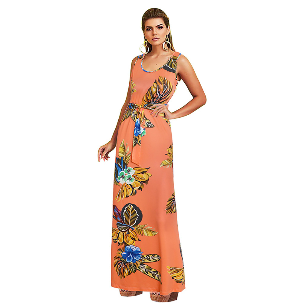 Sleeveless Floral Print Dress Round Neck Tie Detail Sexy Fit Summer Casual Wear for Women Wholesale Available