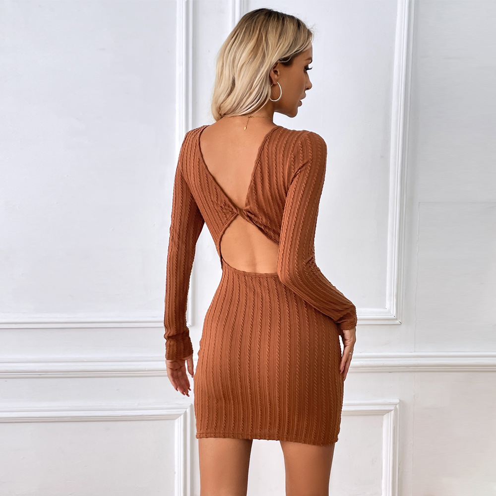 Autumn Winter New Slim Fit Textured Knit Sexy Backless Bodycon Dress